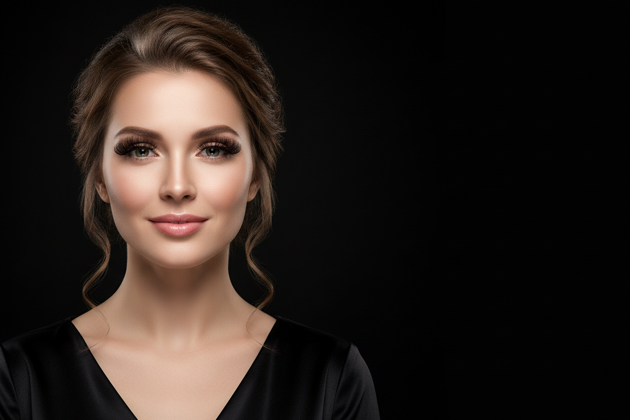 generate background for banner / jumbotron lady with nice eyelashes on the left side looking upfront with black background showing and promoting trust
