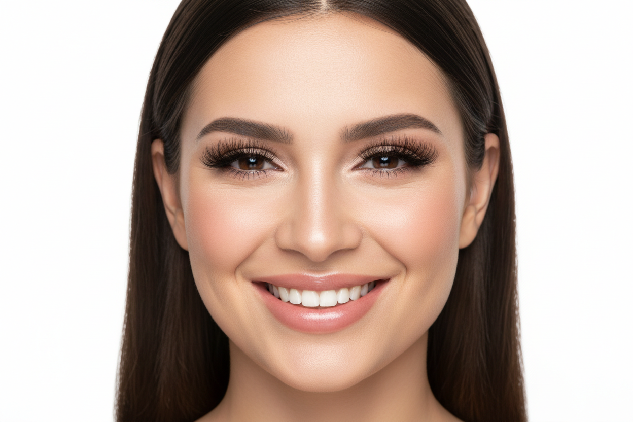 generate lady smiling with beautiful eyelashes with white background